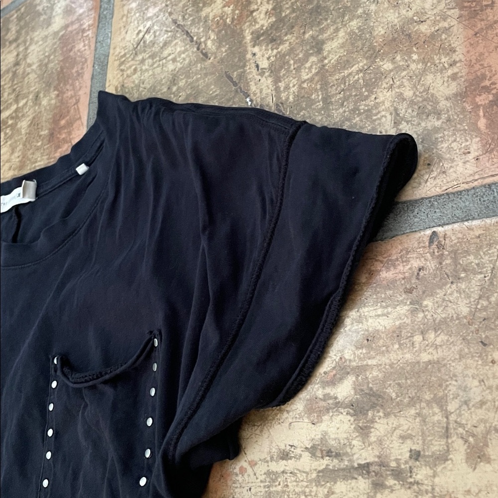 Price Drop 🔷 Rag & Bone Black T-Shirt Raw Hem Studded Pocket Small - Picture 4 of 11